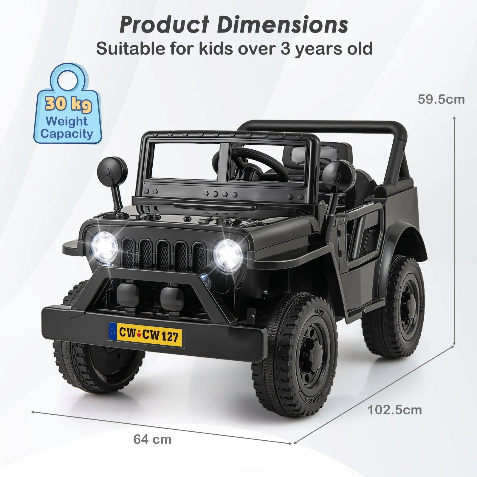 12V Kids Ride on Truck with Remote Control and 3 Speeds for Children-Black