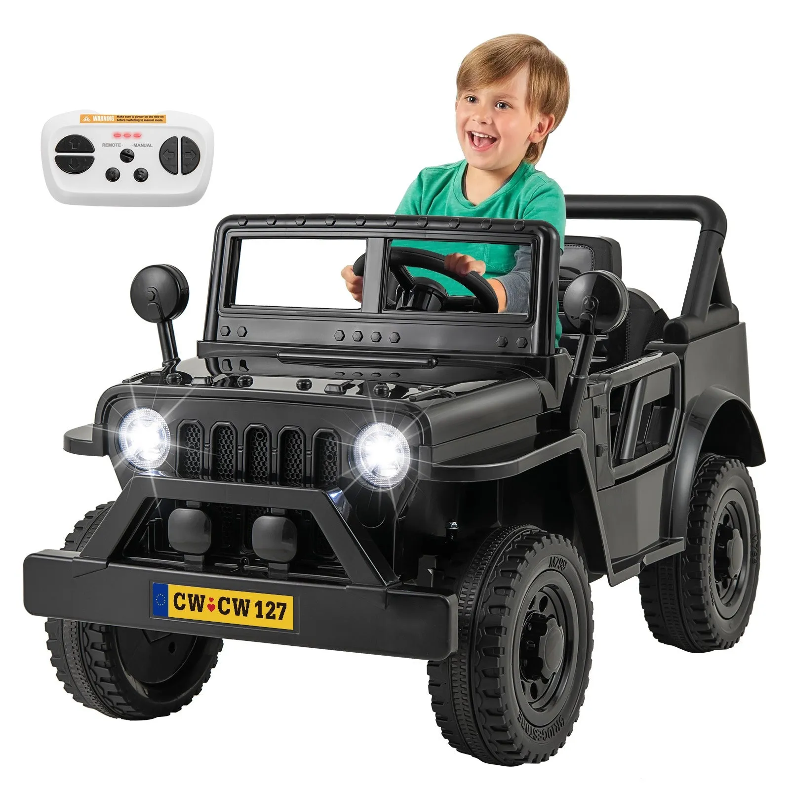 12V Kids Ride on Truck with Remote Control and 3 Speeds for Children-Black