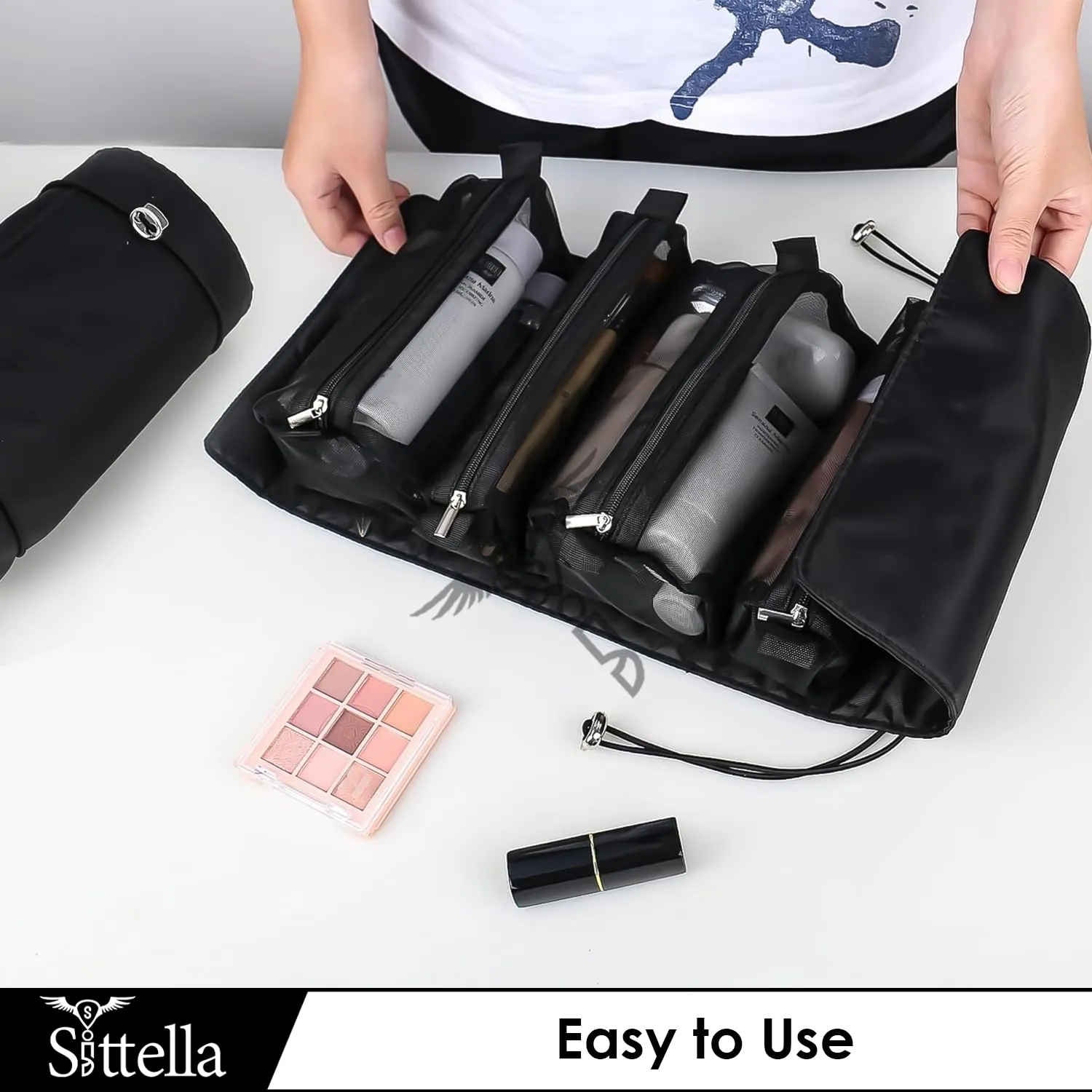 4 in 1 Foldable Hanging Cosmetic Storage Toiletry Bag for Women Travel (Black)