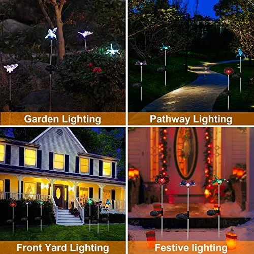 6 Pack Outdoor Solar Figurine Lights, Solar Powered Garden Stake Light, Color Changing LED Landscape Lighting, Sparkling Star Flower Hummingbird Butterfly Dragonfly Bee for Patio Yard Pathway