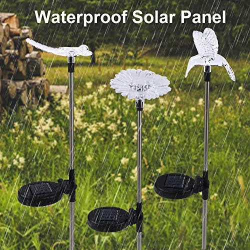 6 Pack Outdoor Solar Figurine Lights, Solar Powered Garden Stake Light, Color Changing LED Landscape Lighting, Sparkling Star Flower Hummingbird Butterfly Dragonfly Bee for Patio Yard Pathway