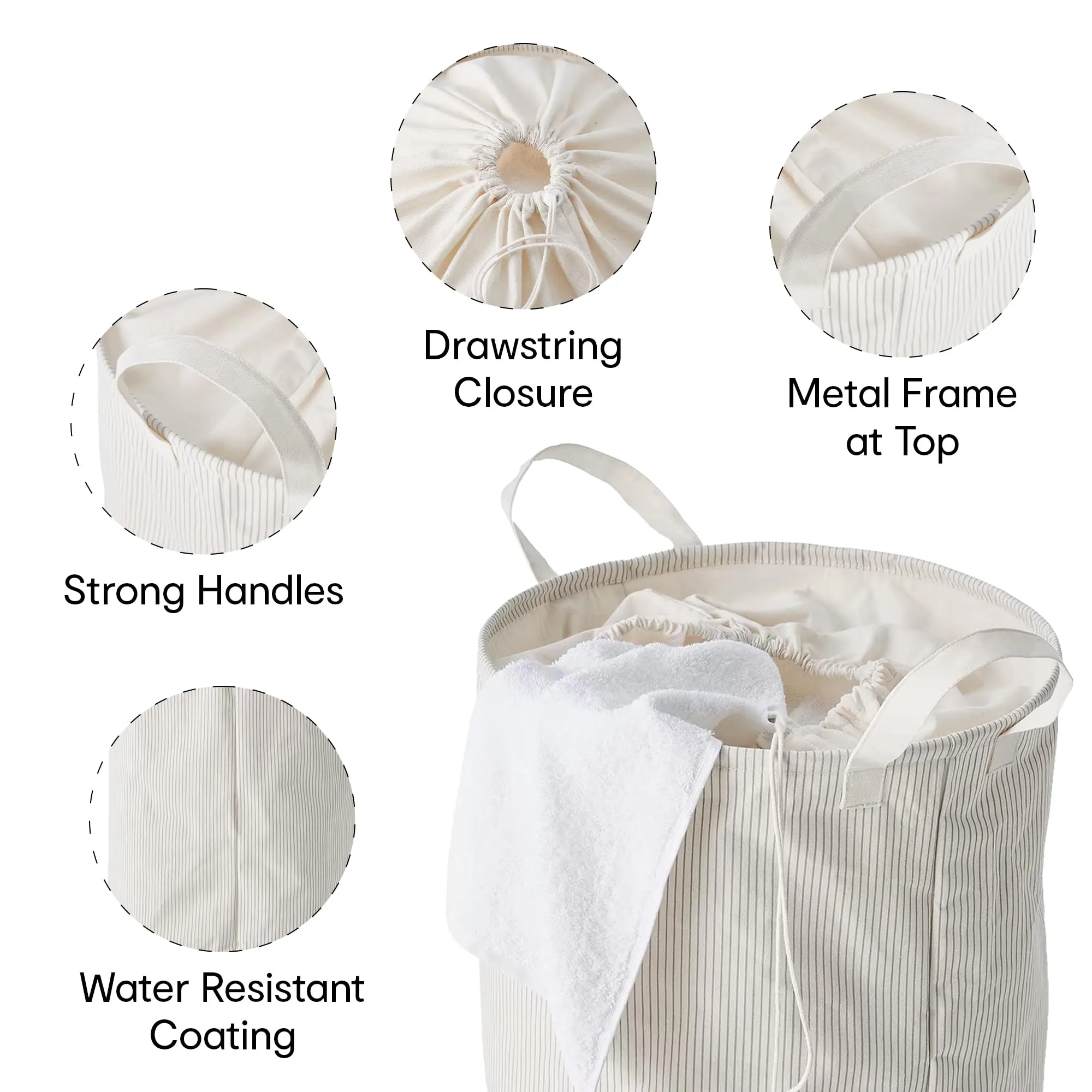 Anko Foldable & Collapsible Linen Look Laundry Basket With Drawstring Closure | Round Storage Organizer With Handles| Large Storage Basket | PolyCotton with PE Coating Laundry Basket | Organiser