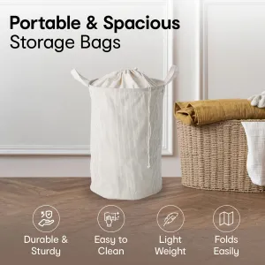 Anko Foldable & Collapsible Linen Look Laundry Basket With Drawstring Closure | Round Storage Organizer With Handles| Large Storage Basket | PolyCotton with PE Coating Laundry Basket | Organiser