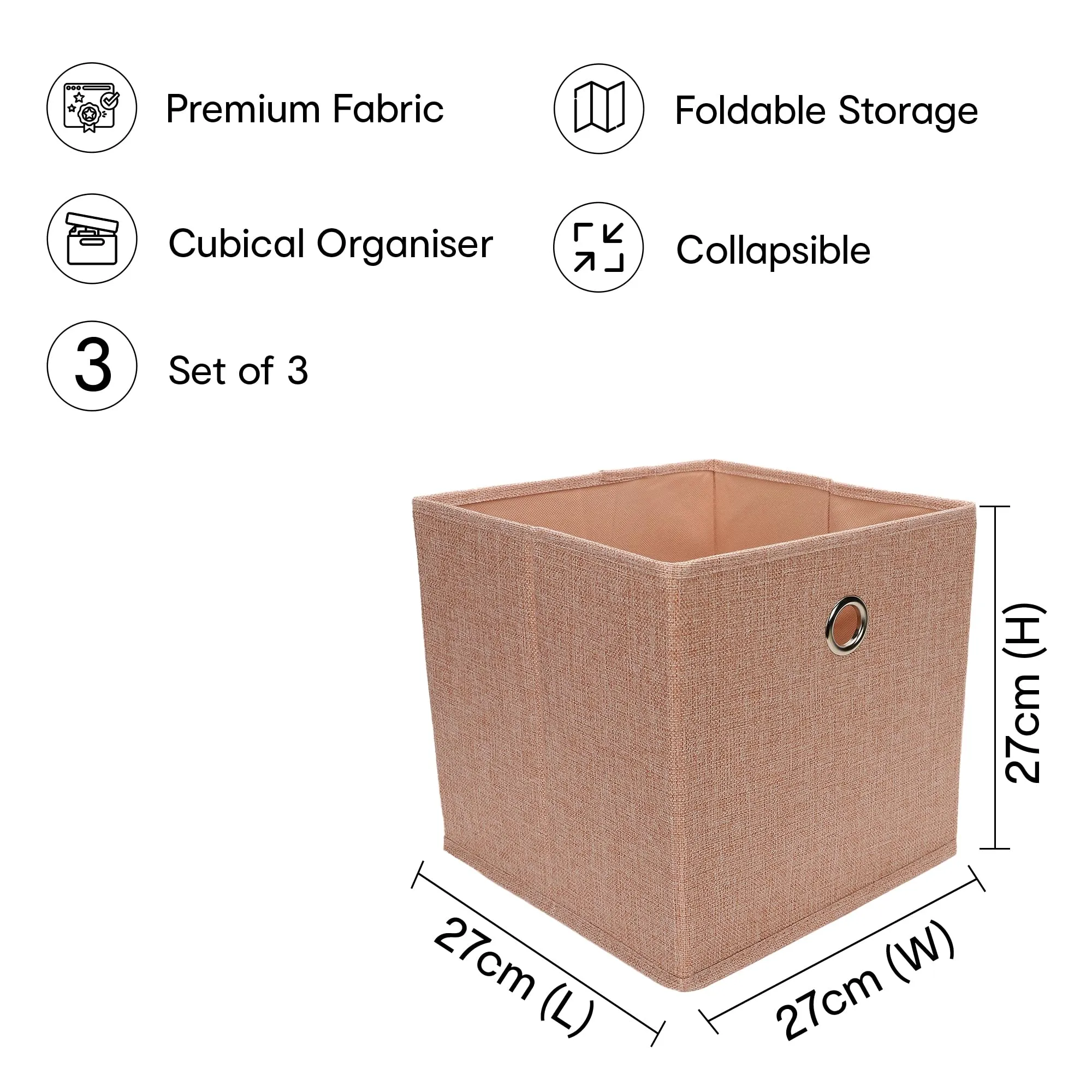 Anko Premium Foldable Storage Box for Clothes, Books, Toys | Set of 3 | Sturdy, Durable Fabric with Strong Eyelets | Collapsible Organizer for Home, Office, Bedroom | Pink | 10.6 inches