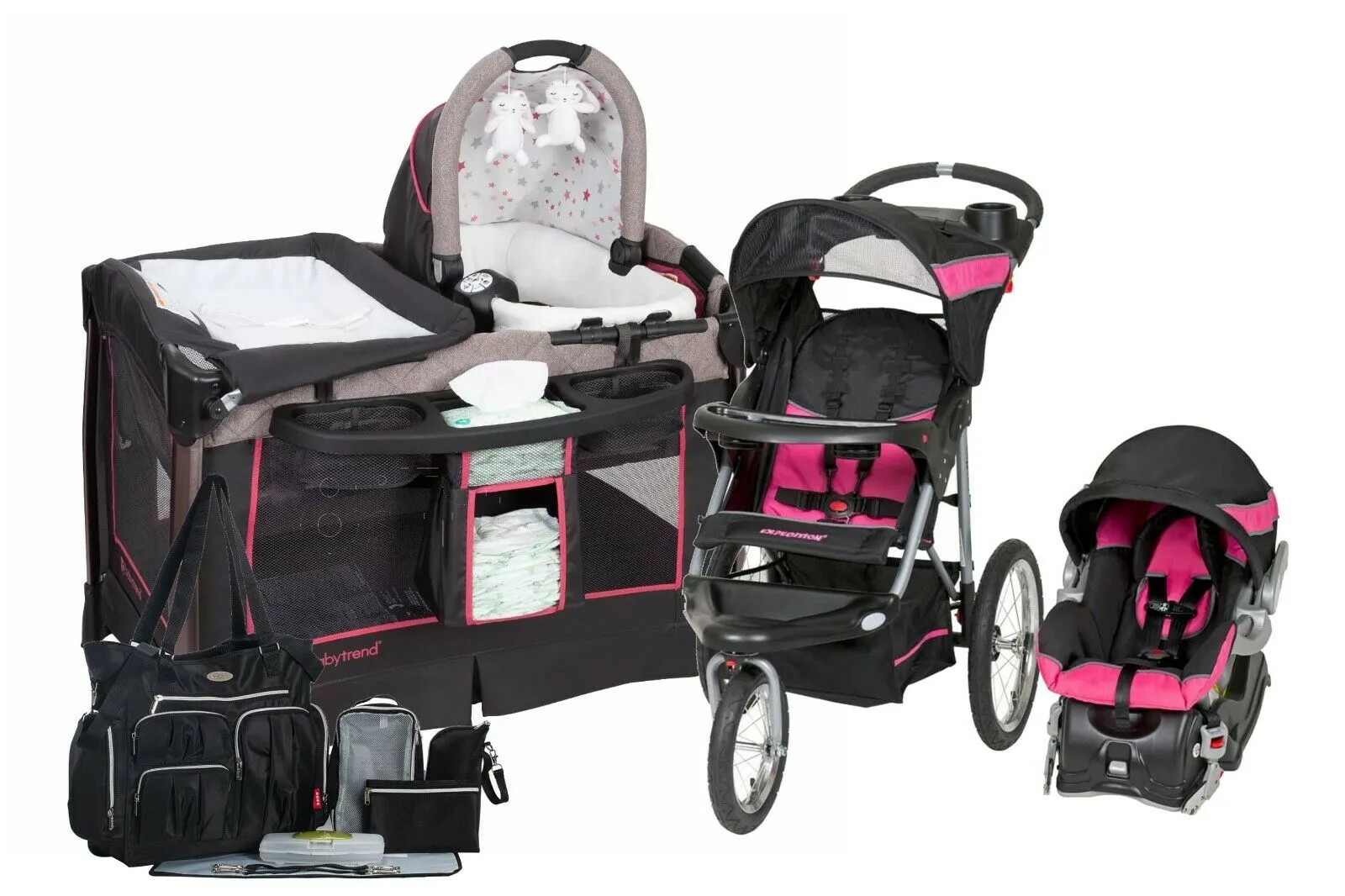 Baby Jogging Stroller with Car Seat Travel System Girls Playard Diaper Bag Combo