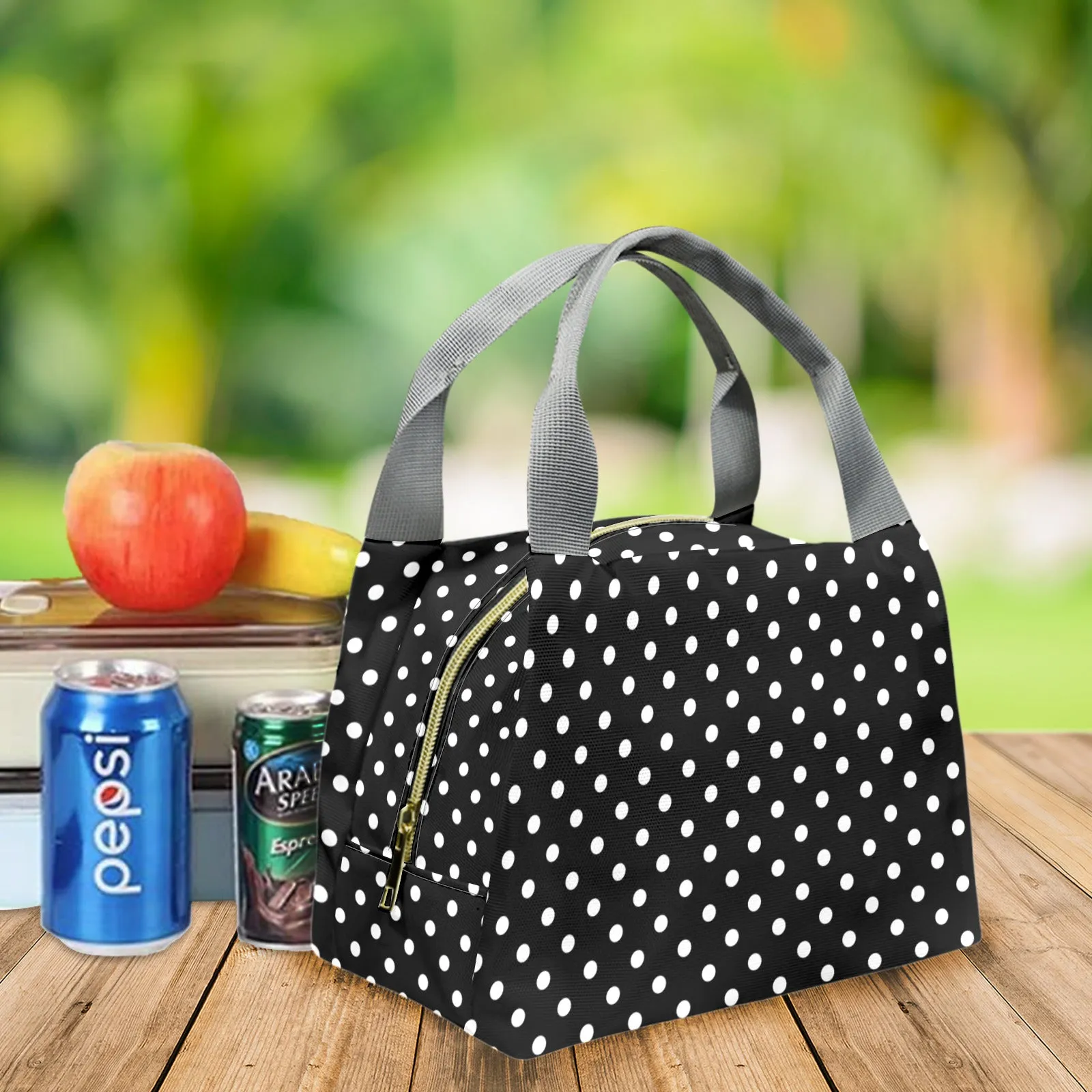 Black With White Polka Dots Portable Lunch Bag