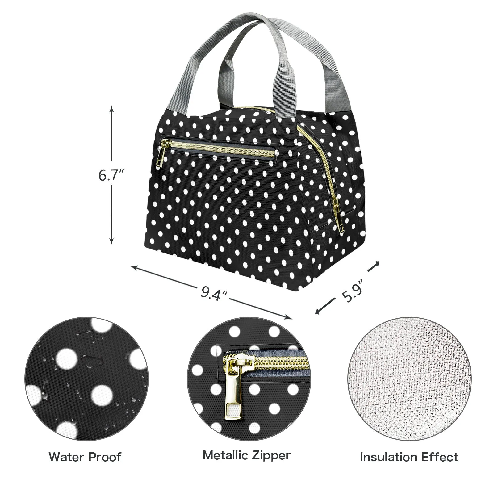 Black With White Polka Dots Portable Lunch Bag