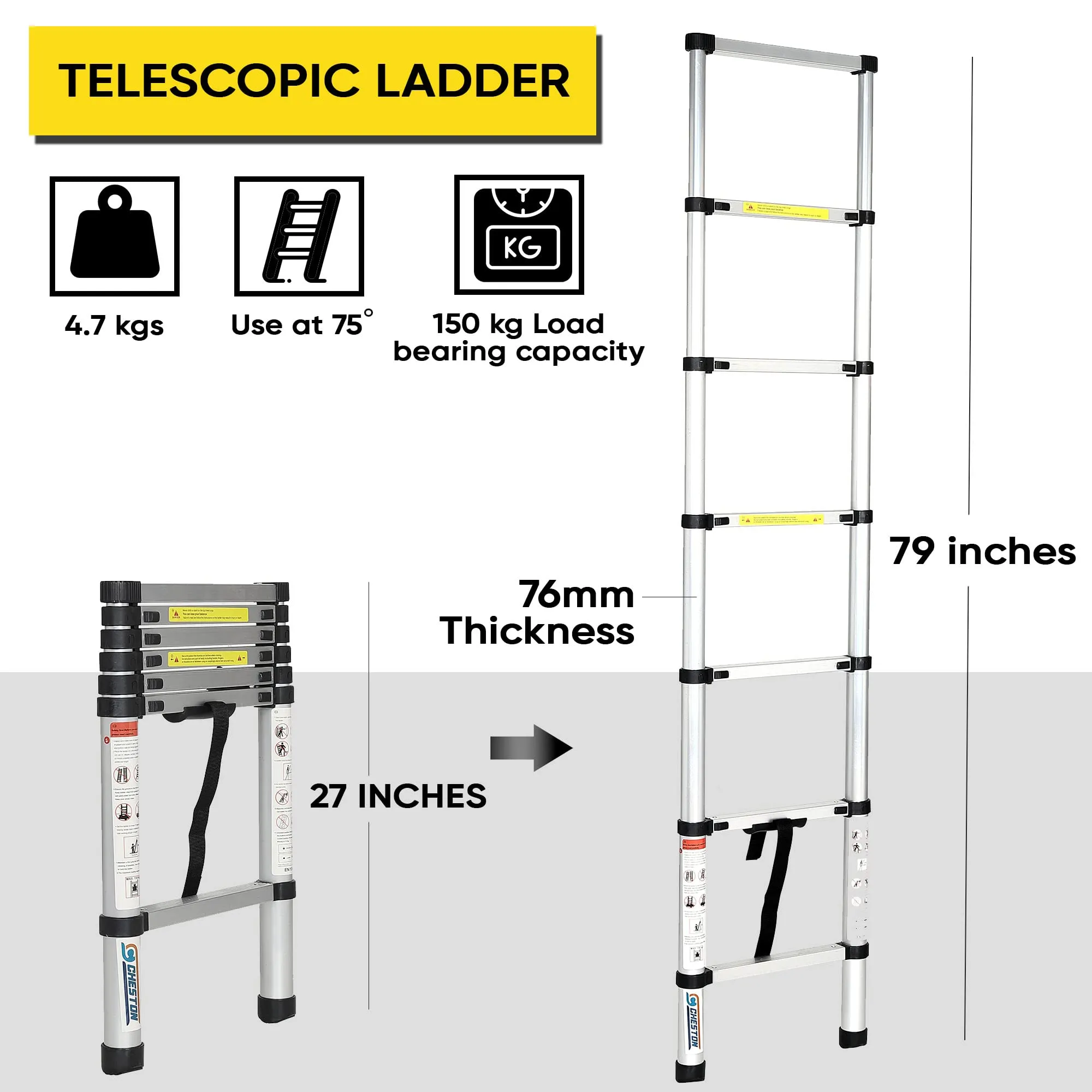 Cheston 6.5ft Telescopic Ladder for Home | Premium Aluminium Alloy | 2m Length 7-Step Ladder | Durable & Extendable | Lightweight Compact & Portable | Anti-Skid Step Ladder with Safety Lock