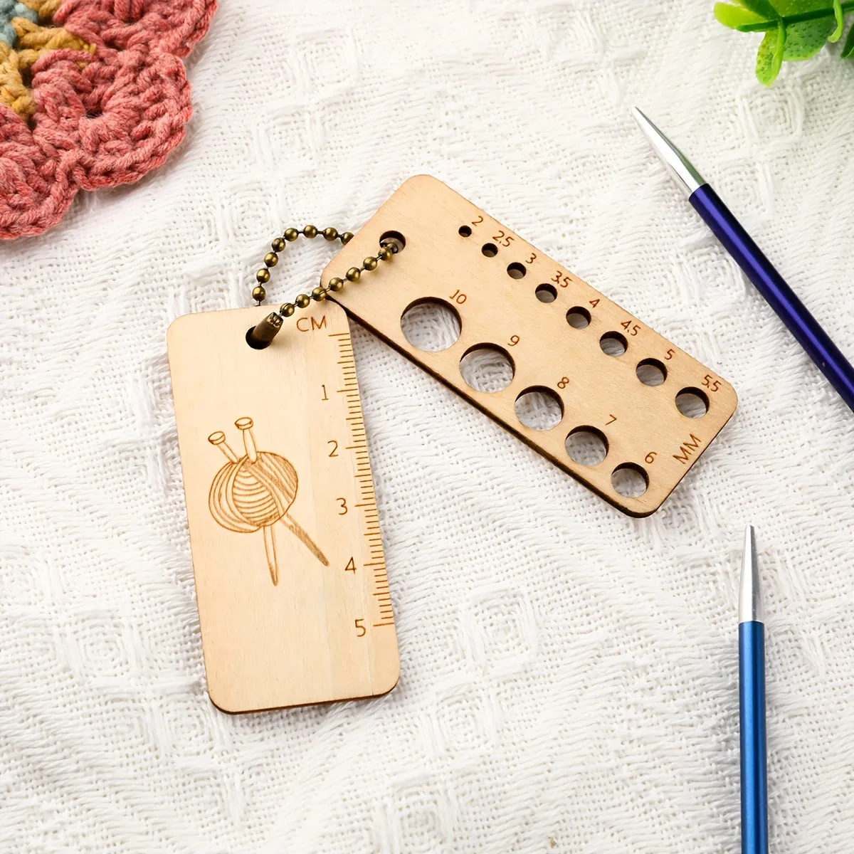 Durable Wood Knitting Needle Gauge and Ruler Set