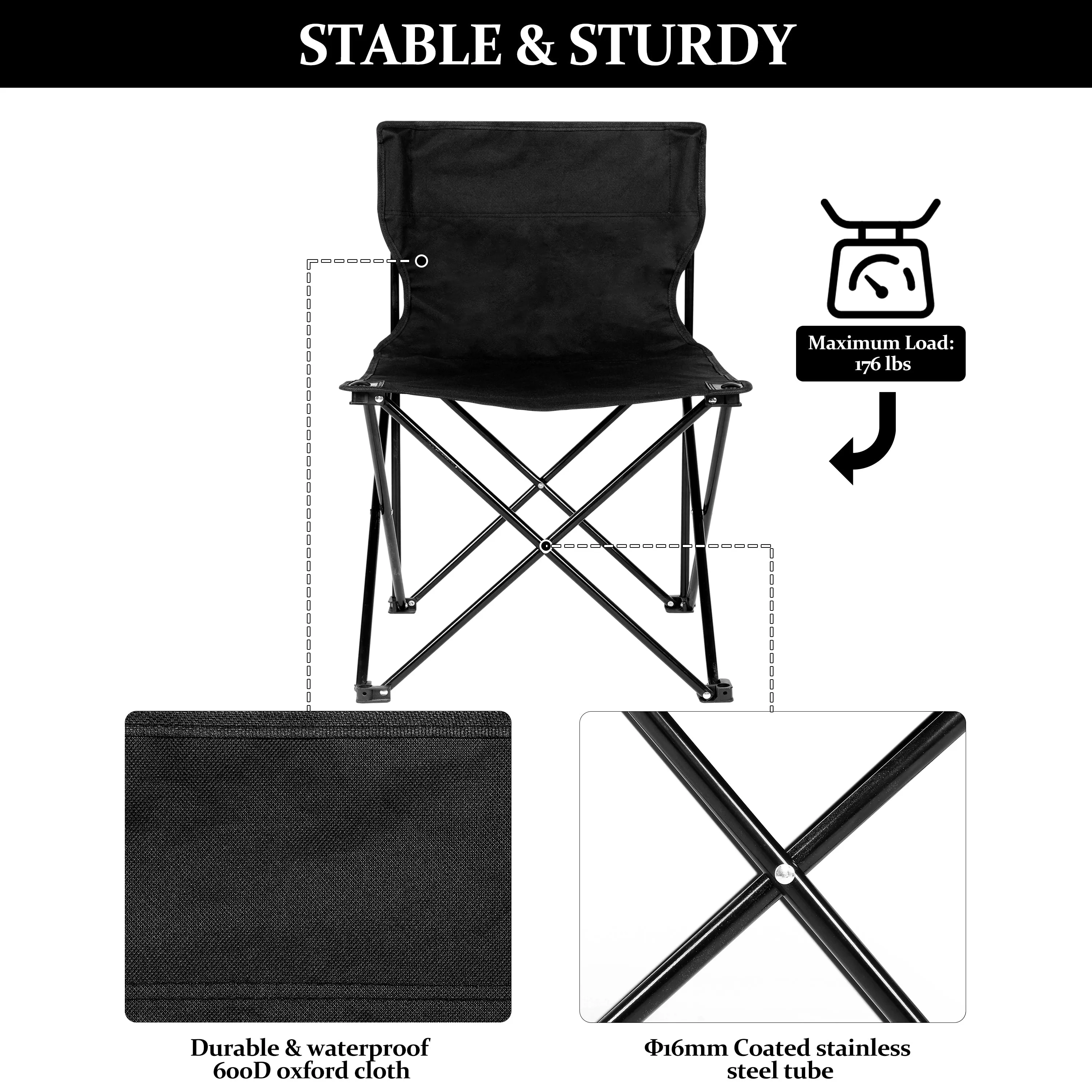 Elecwish Portable Folding Camping Chair with Carry Bag for Adults, Collapsible Anti-Slip Padded Oxford Cloth Stool Black Large