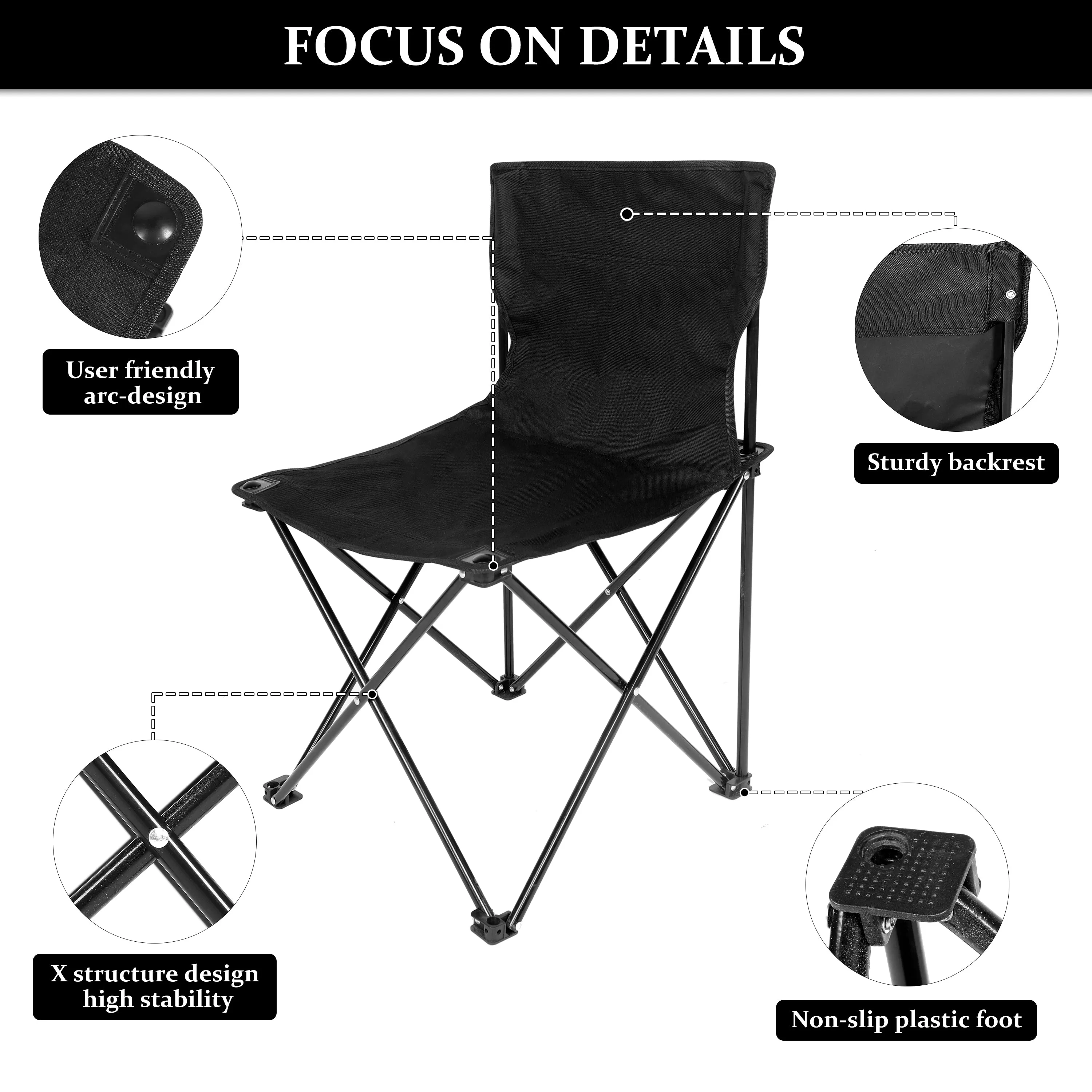 Elecwish Portable Folding Camping Chair with Carry Bag for Adults, Collapsible Anti-Slip Padded Oxford Cloth Stool Black Large