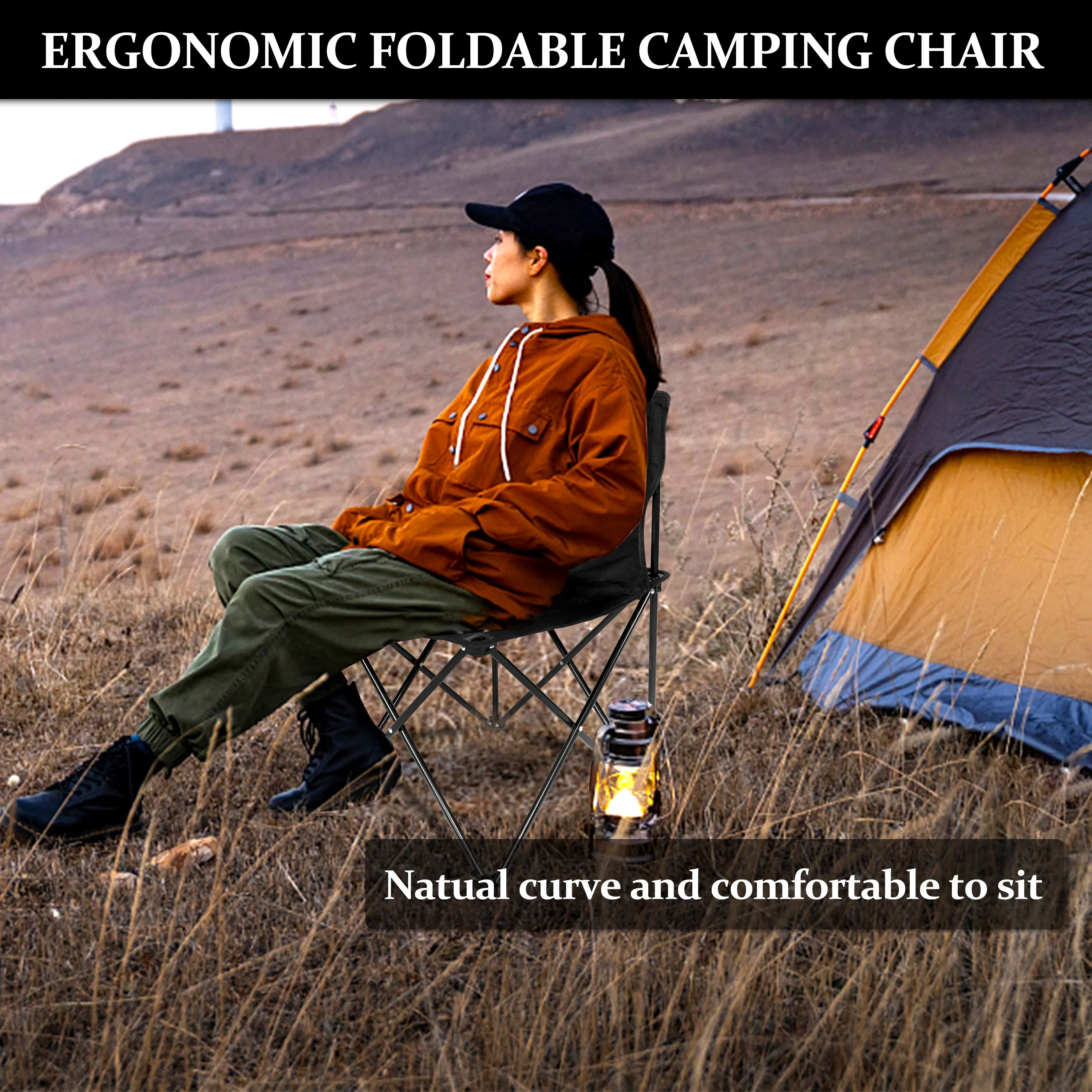 Elecwish Portable Folding Camping Chair with Carry Bag for Adults, Collapsible Anti-Slip Padded Oxford Cloth Stool Black Large