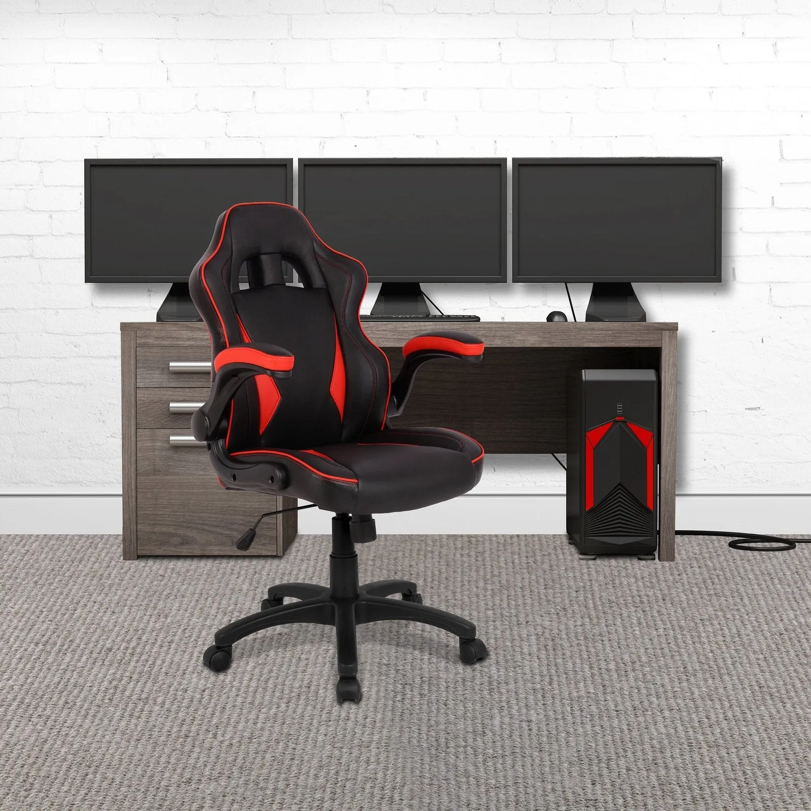 Executive Ergonomic Gaming Style Office Chair with Folding Arms, Integral Headrest and Lumbar Support