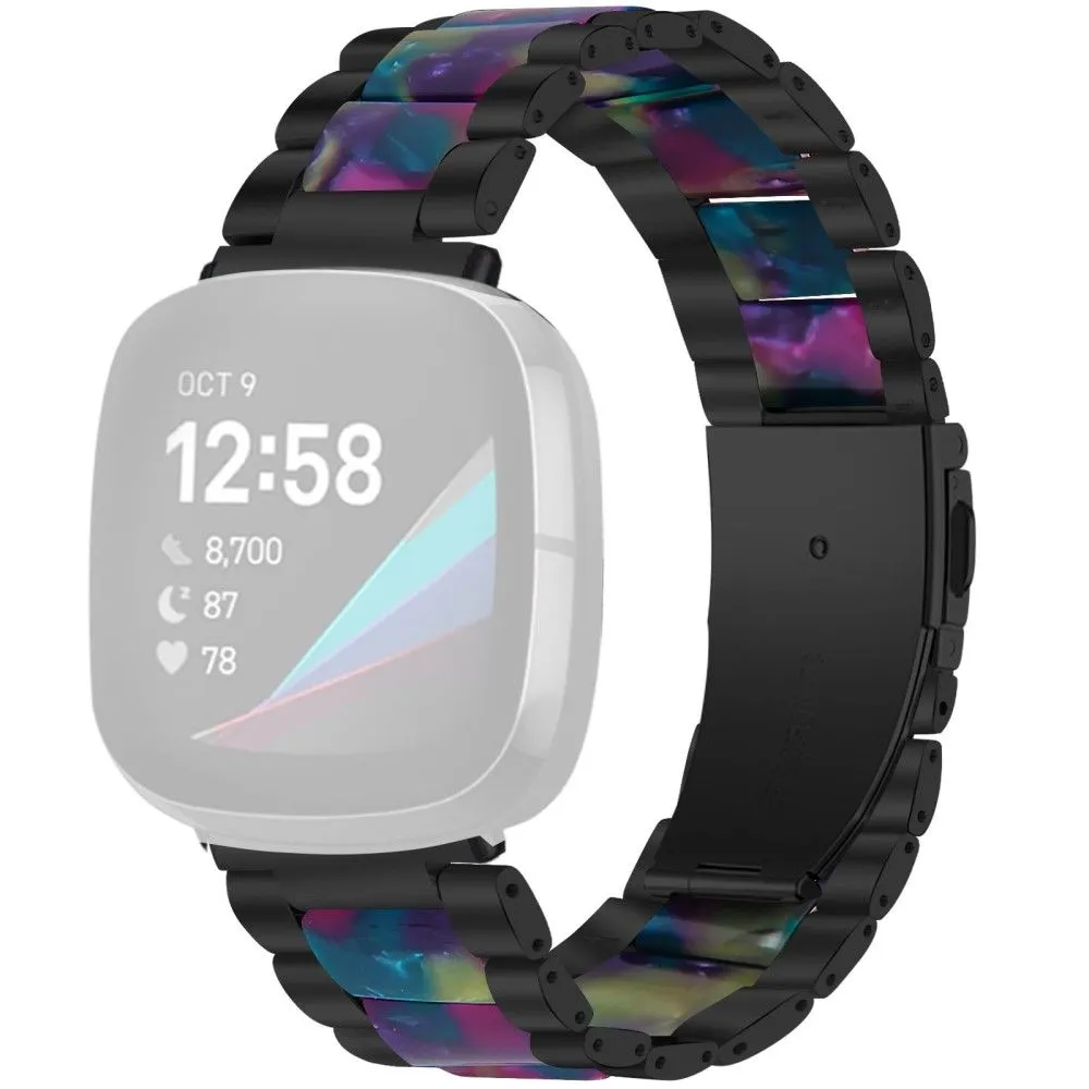 Fitbit Sense / Versa 3 resin in stainless steel watch strap - Black / Purple Green Flower Splicing