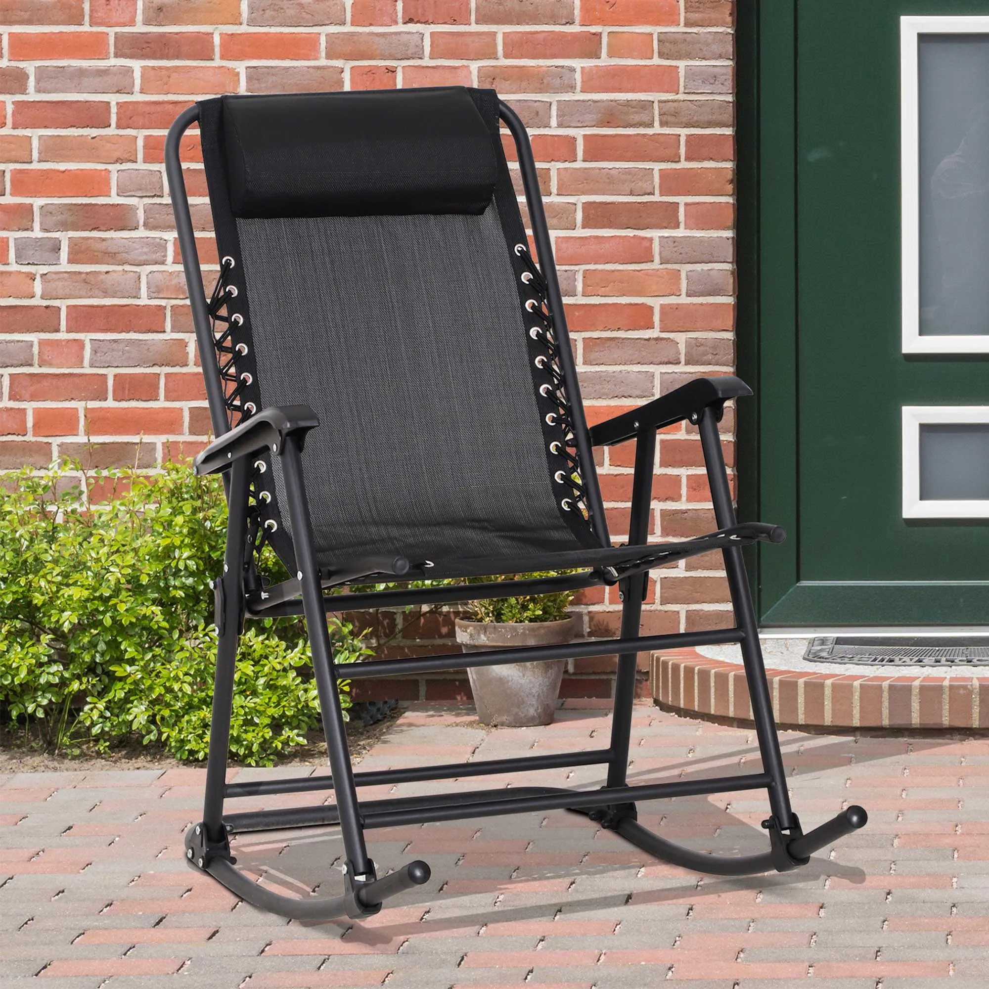 Garden Rocking Chair Folding Outdoor Adjustable Rocker Zero-Gravity Seat with Headrest Camping Fishing Patio Deck - Black