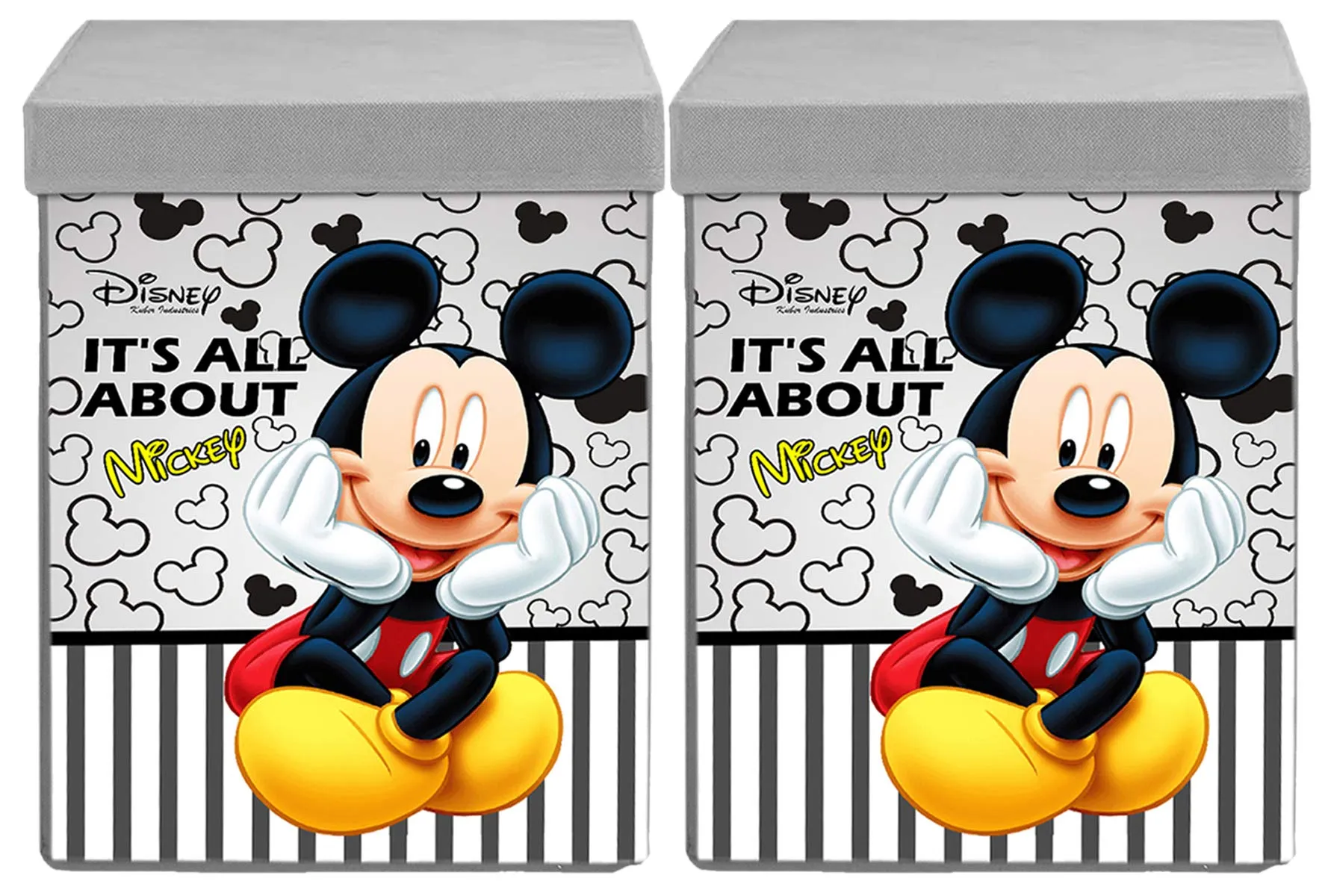 Kuber Industries Disney Mickey Print Non Woven Fabric Foldable Laundry Basket, Toy Storage Basket, Cloth Storage Basket With Lid & Handles (Set Of 2, Grey)-KUBMART16274