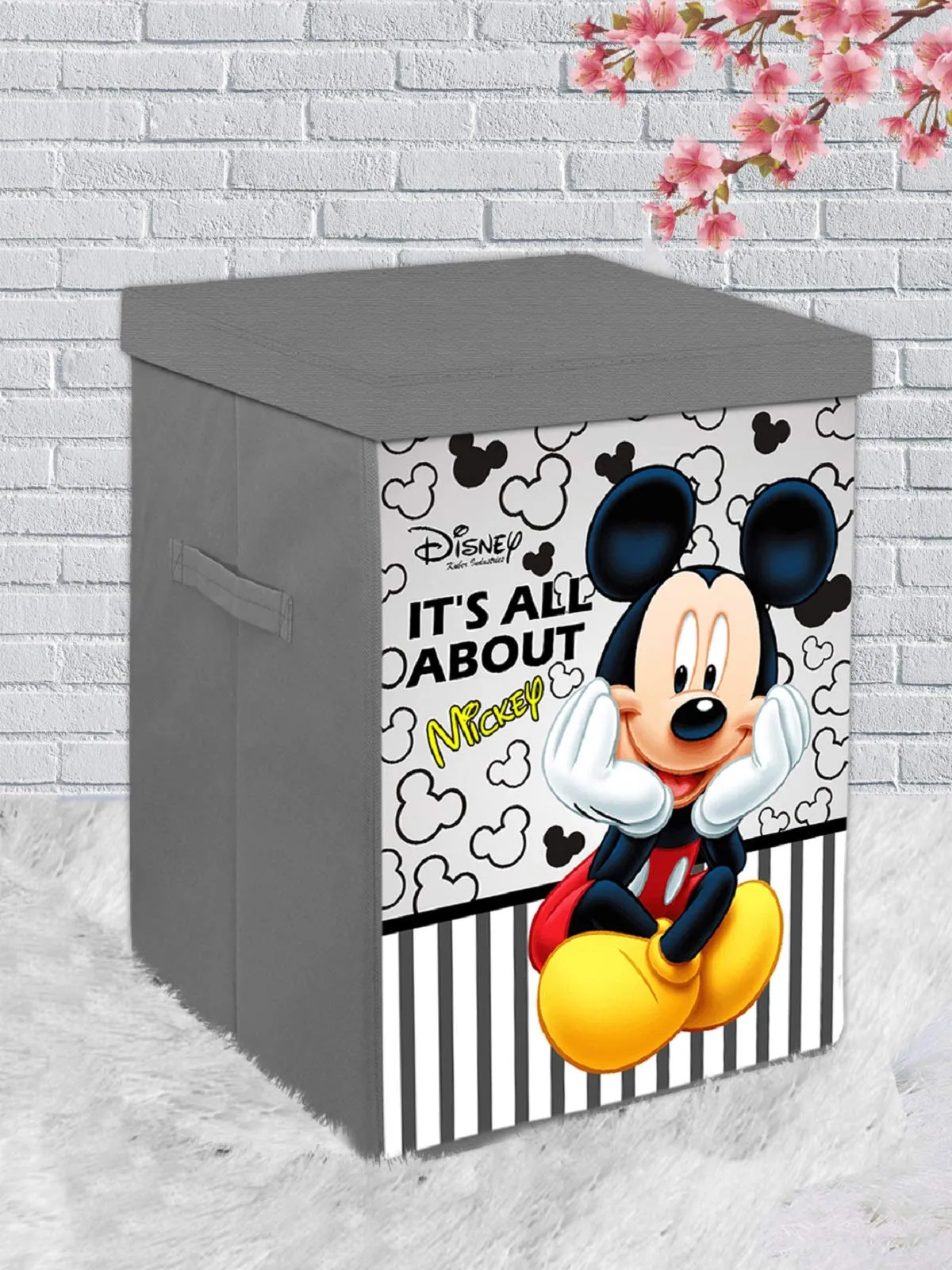 Kuber Industries Disney Mickey Print Non Woven Fabric Foldable Laundry Basket, Toy Storage Basket, Cloth Storage Basket With Lid & Handles (Set Of 2, Grey)-KUBMART16274