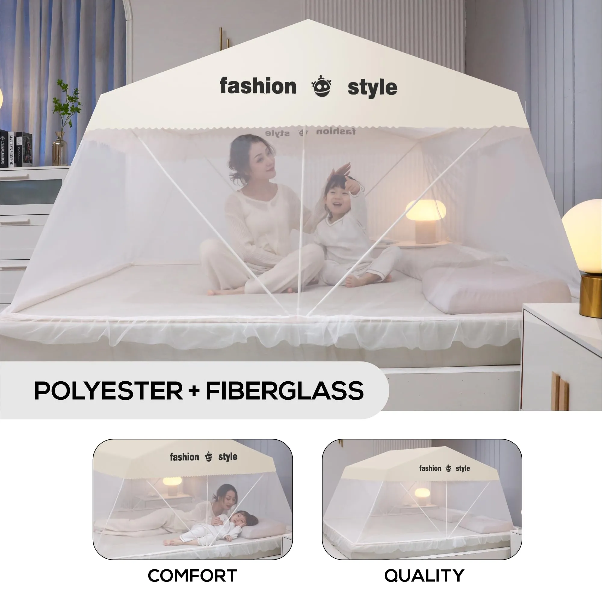 Kuber Industries Double Bed Tent Mosquito Net for Bed | Slide to Open Design | Insect Protection Strong & Foldable Machhardani 6.4 x 5.2 ft - Cream