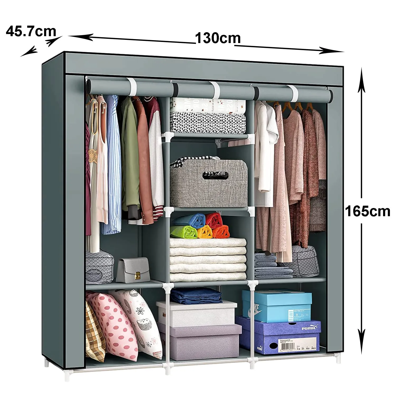 Kuber Industries Foldable Wardrobe for Clothes|3 Door Portable Clothes Rack|Non Woven Collapsible Wardrobe|8 Shelf Foldable Almirah for Clothes|Grey