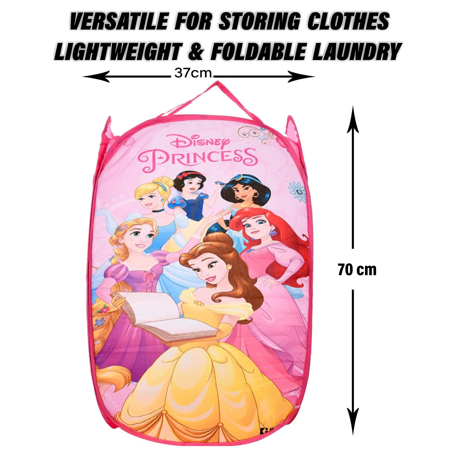 Kuber Industries Laundry Basket | Disney Princess Net Foldable Laundry | Nylon Storage Basket with Handle | Basket for Home | Toy Storage | 30 LTR | Pink