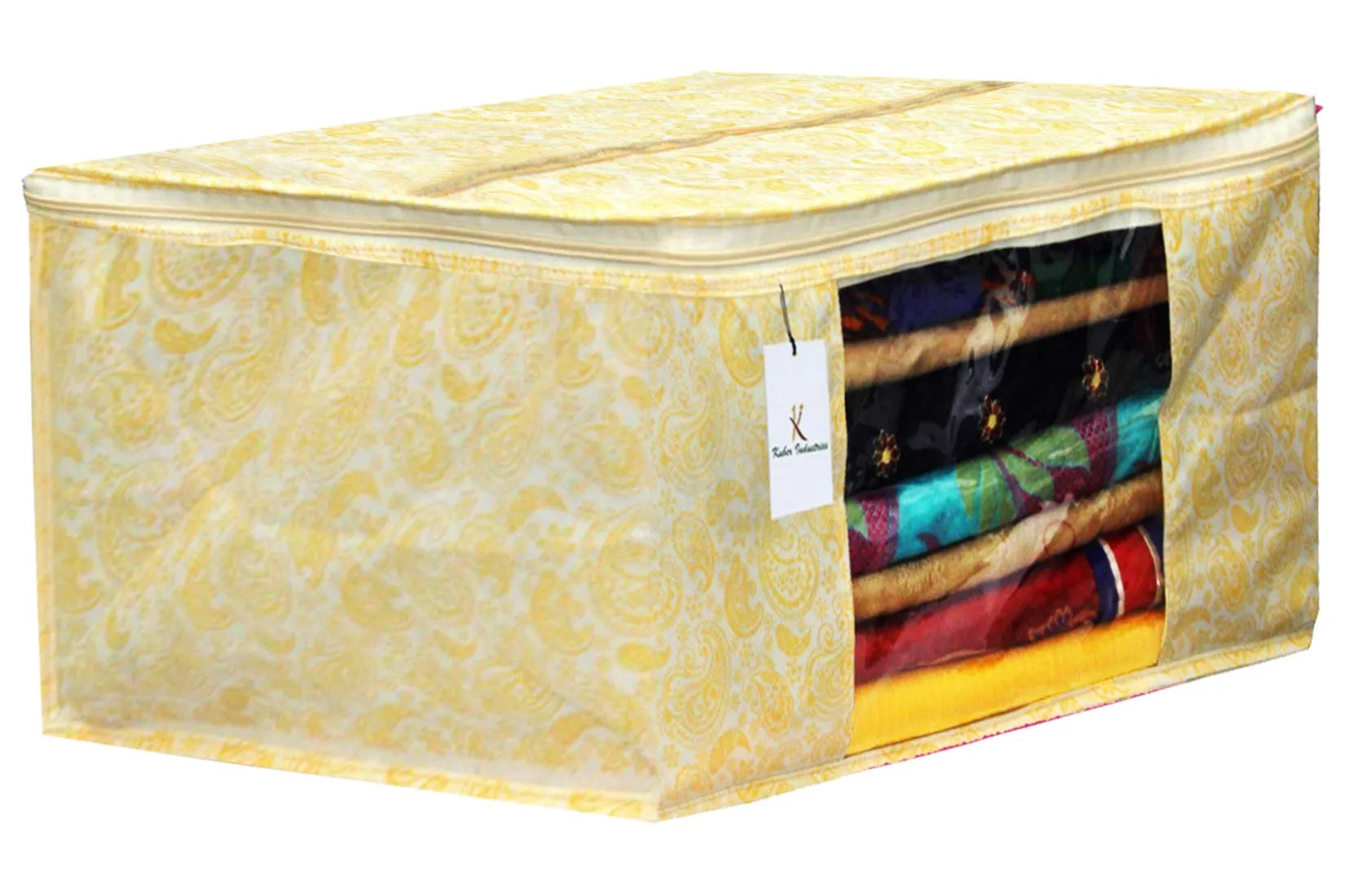 Kuber Industries Leaf Design 12 Piece Non Woven Fabric Saree Cover Set with Transparent Window, Extra Large (Gold)