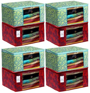 Kuber Industries Non Woven Fabric Saree Cover|Metalic Checkered Print & Transparent Window|Clothes Organiser for Wardrobe|Extra Large, Pack of 8 (Green & Red)