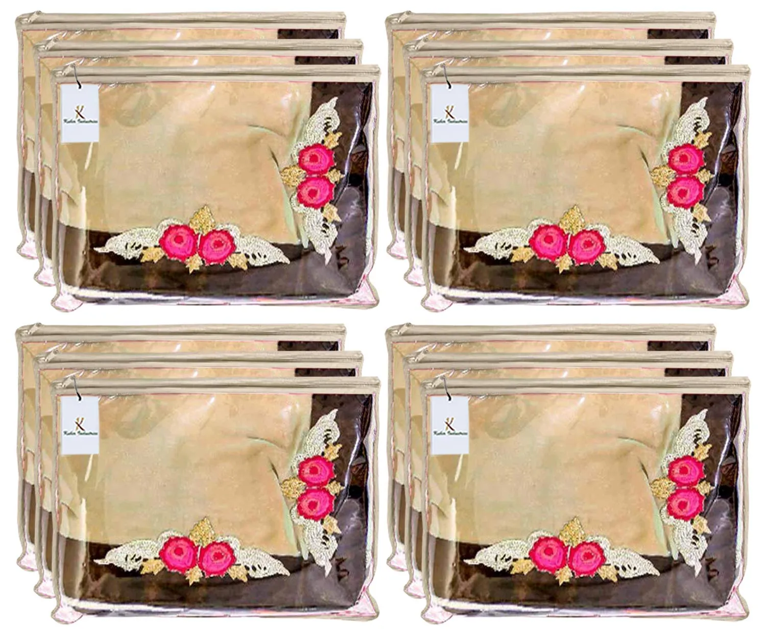 Kuber Industries Non-Woven Single Packing Saree Cover|Transparent & Zipper Closure|Pack Of 12 (Ivory)-Kubmart2828