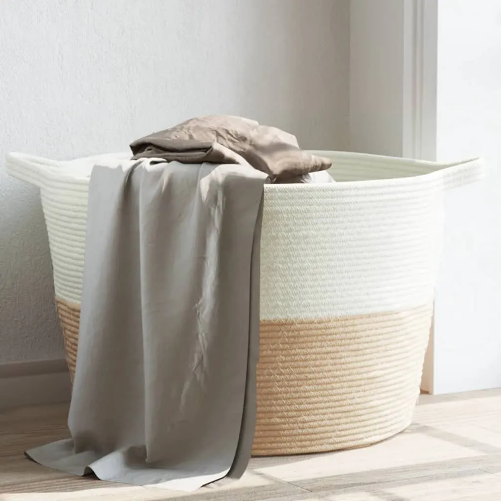 Laundry Basket Beige and White Ø60x36 cm Cotton