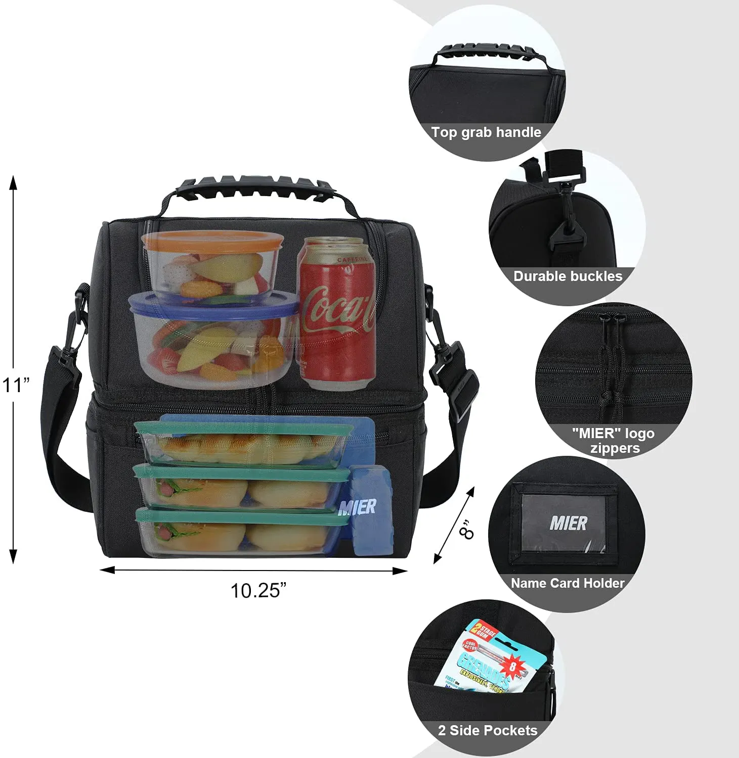 MIER Adult Lunch Box Insulated Lunch Bag Large Cooler Tote Bag for Men, Women, Double Deck Cooler(Black)