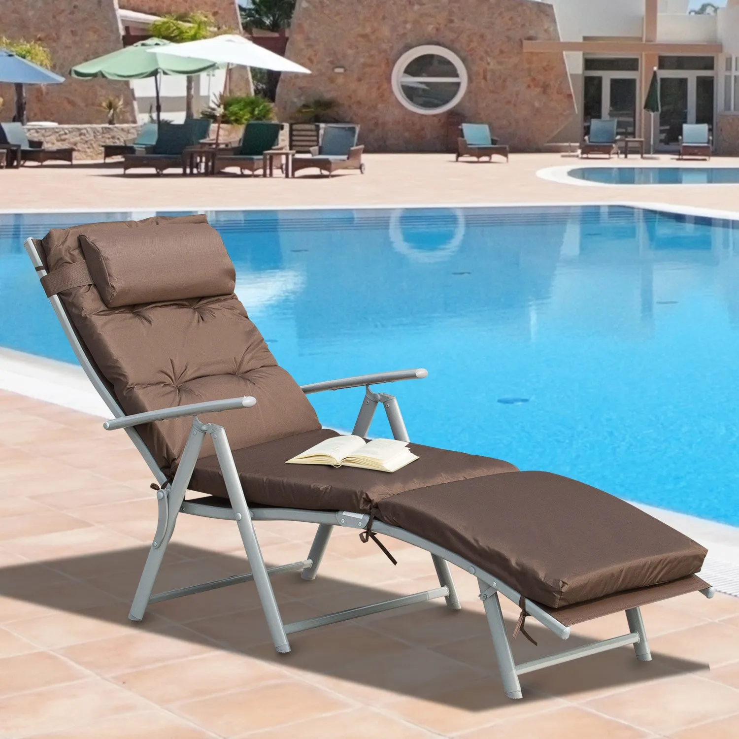 Outdoor Patio Sun Lounger Garden Texteline Foldable Reclining Chair Pillow Adjustable Recliner with Cushion - Brown