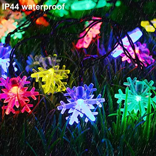 Solar Snowflake String Lights - 100 LED 33ft - Outdoor Christmas Fairy Lights - 8 Lighting Modes - Multicolor