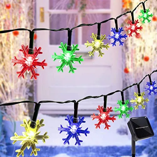 Solar Snowflake String Lights - 100 LED 33ft - Outdoor Christmas Fairy Lights - 8 Lighting Modes - Multicolor