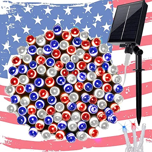 Solar String Lights - 98ft 300 LED 8 Modes - July 4th Patriotic White Wire Light - Red/Blue/White