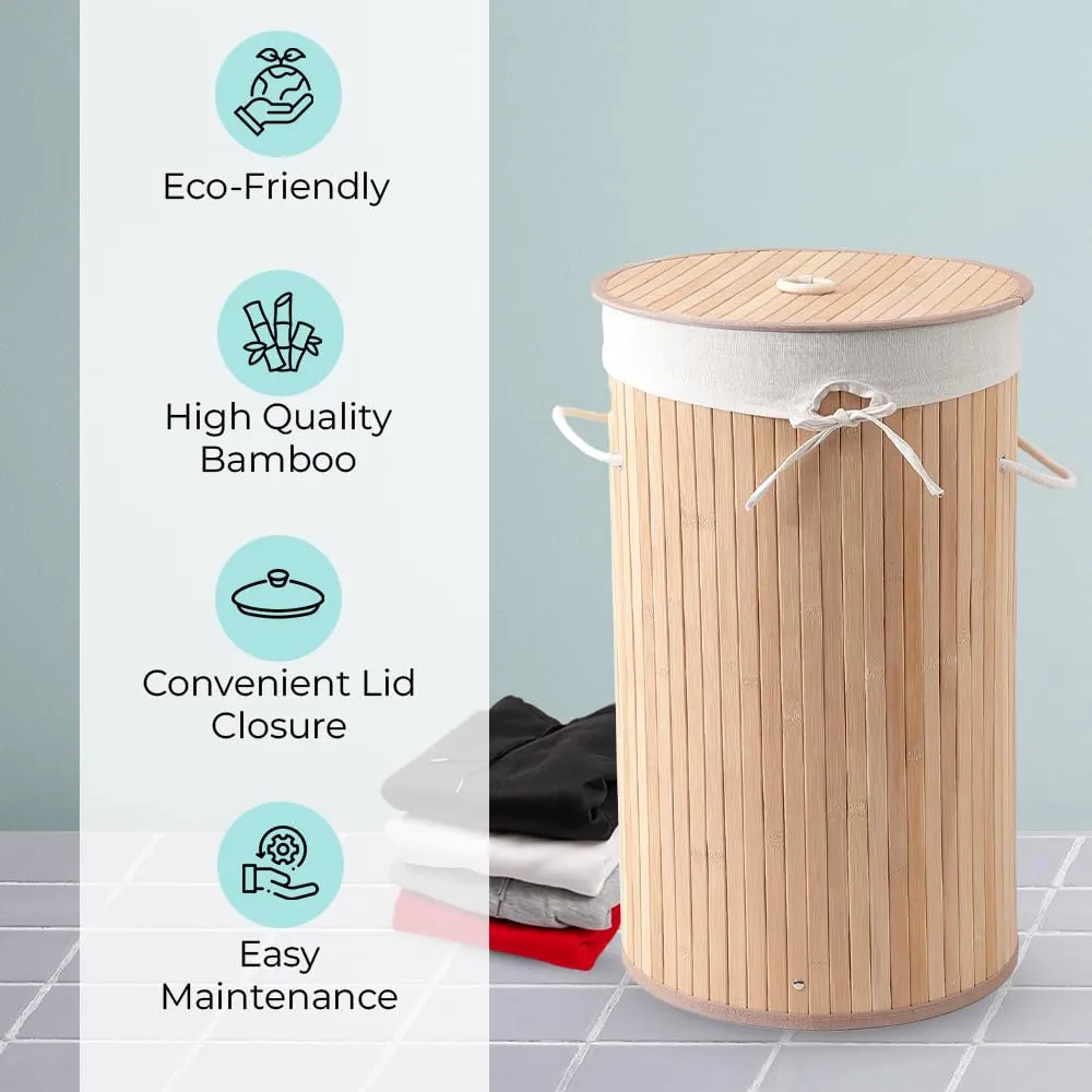 The Better Home Bamboo Laundry Bag 72 Litres With Lid (Pack of 1) | Foldable Laundry Basket For Clothes | Washing Clothes Basket | Clothes Bin (Round - Natural)