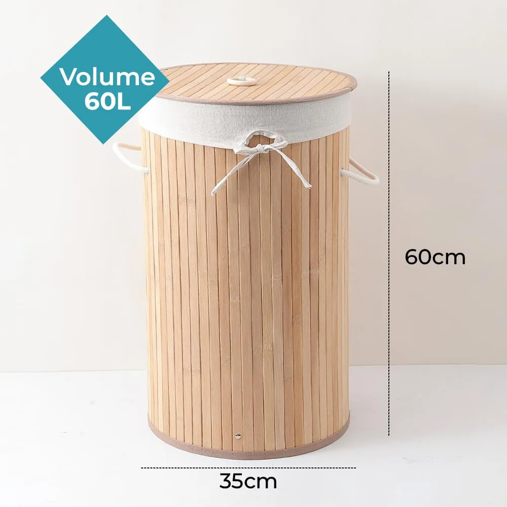 The Better Home Bamboo Laundry Bag 72 Litres With Lid (Pack of 1) | Foldable Laundry Basket For Clothes | Washing Clothes Basket | Clothes Bin (Round - Natural)