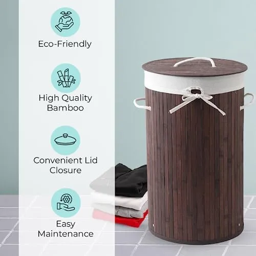 The Better Home Bamboo Laundry Bag 72 Litres With Lid (Pack of 3) | Foldable Laundry Basket For Clothes | Washing Clothes Basket | Clothes Bin - Dark Brown