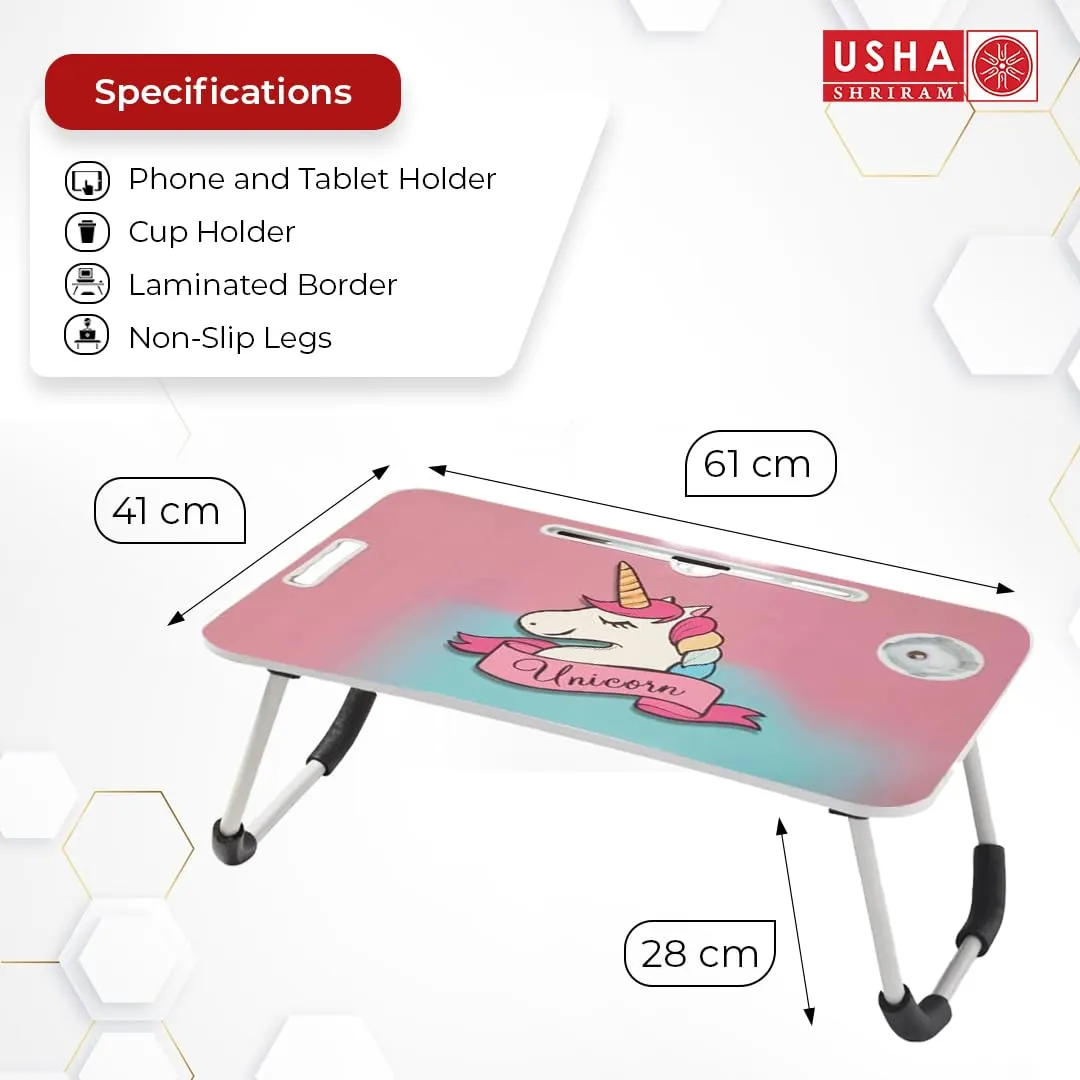 USHA SHRIRAM Wooden Foldable Laptop Table | Lab Desk for Study | Portable Laptop Table for Office Men Women Kids | LaptopDesk | Lab Desk for Laptop | Laptop Desk for Table Bed | Bed Desk (Unicorn)