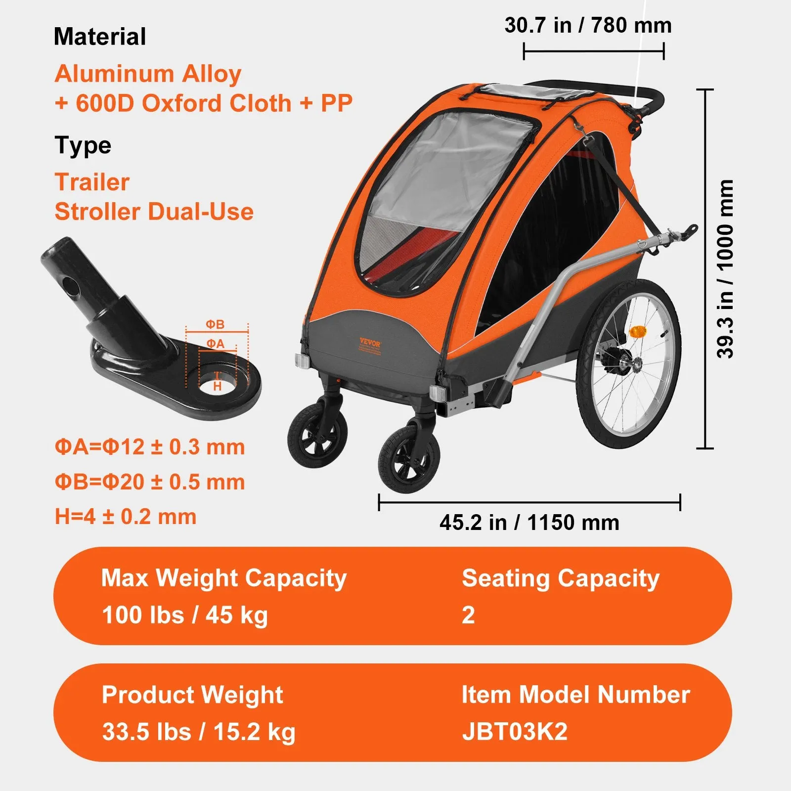 Vevor Bike Trailer Child Carrier 2-in-1 Converts to Stroller 100 Lbs Capacity Foldable 7" and 20" Wheel Diameter New