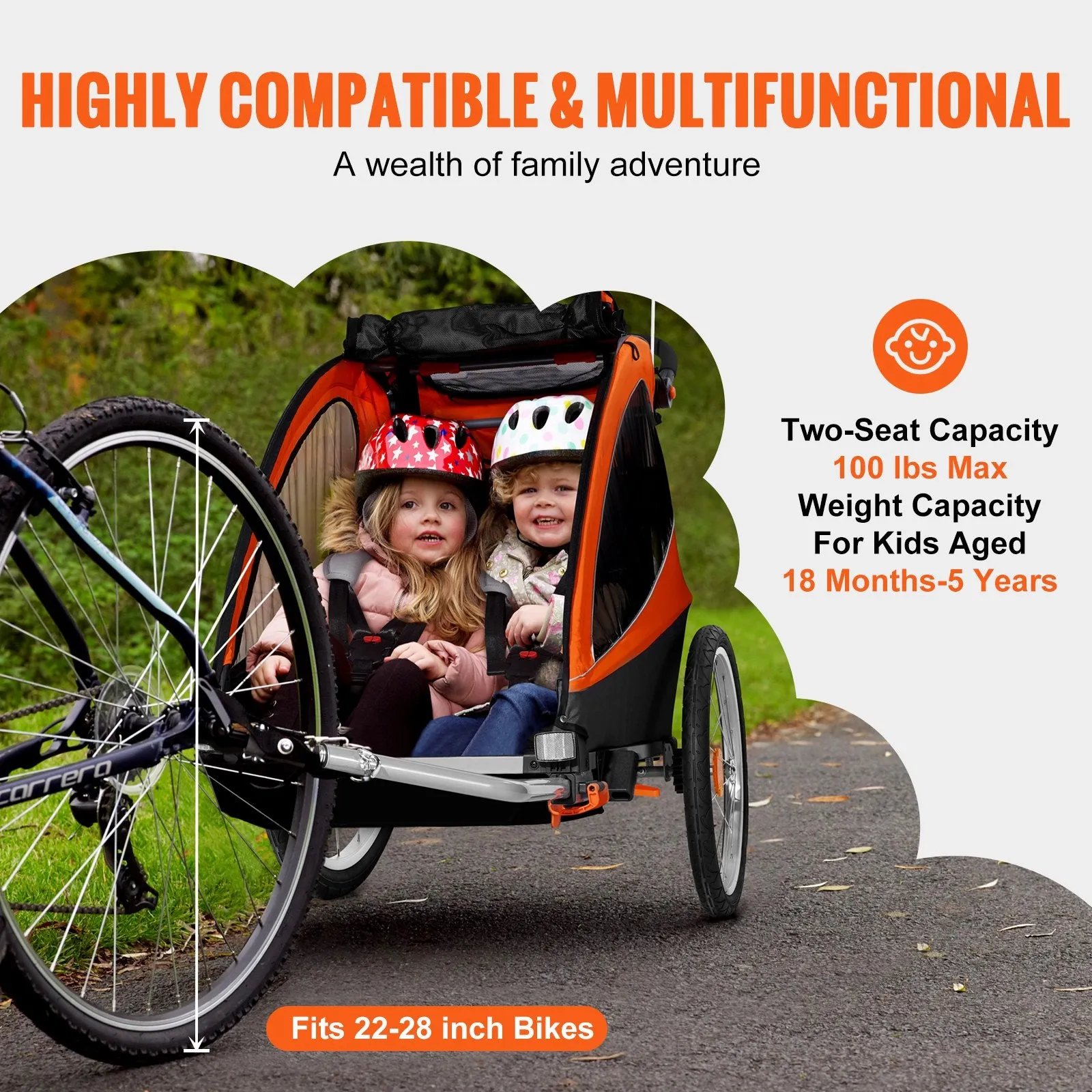 Vevor Bike Trailer Child Carrier 2-in-1 Converts to Stroller 100 Lbs Capacity Foldable 7" and 20" Wheel Diameter New