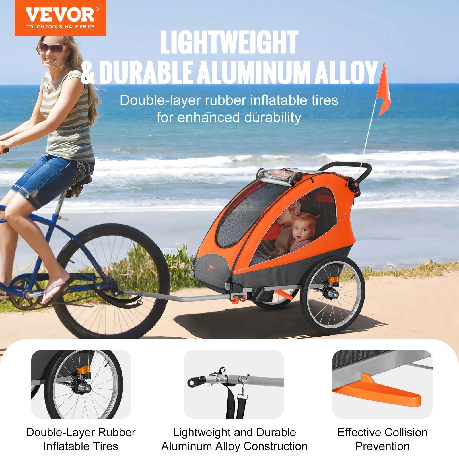 Vevor Bike Trailer Child Carrier 2-in-1 Converts to Stroller 100 Lbs Capacity Foldable 7" and 20" Wheel Diameter New