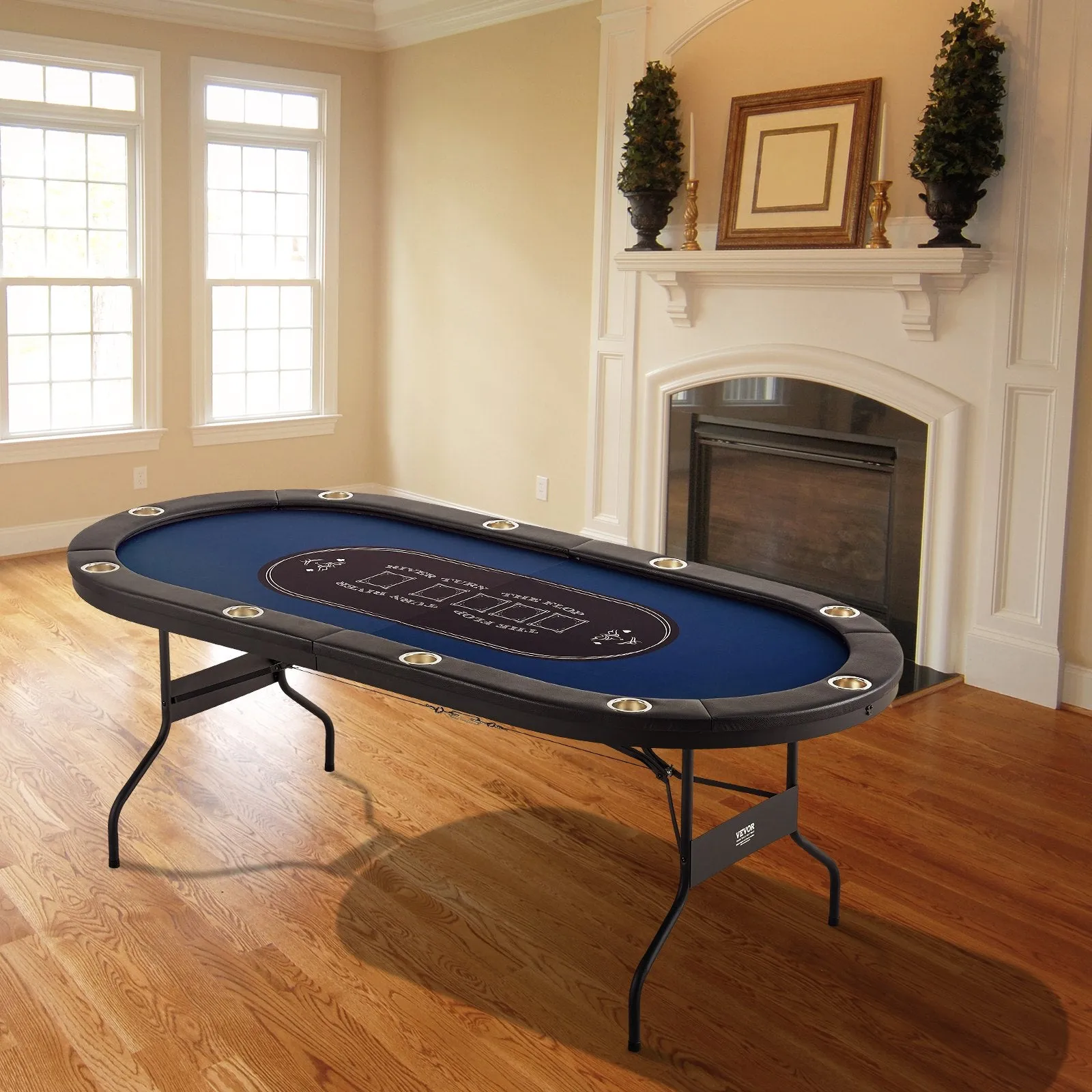 Vevor Poker Table 10-Player Foldable 84" Oval with Padded Rails and Cup Holders Blue New