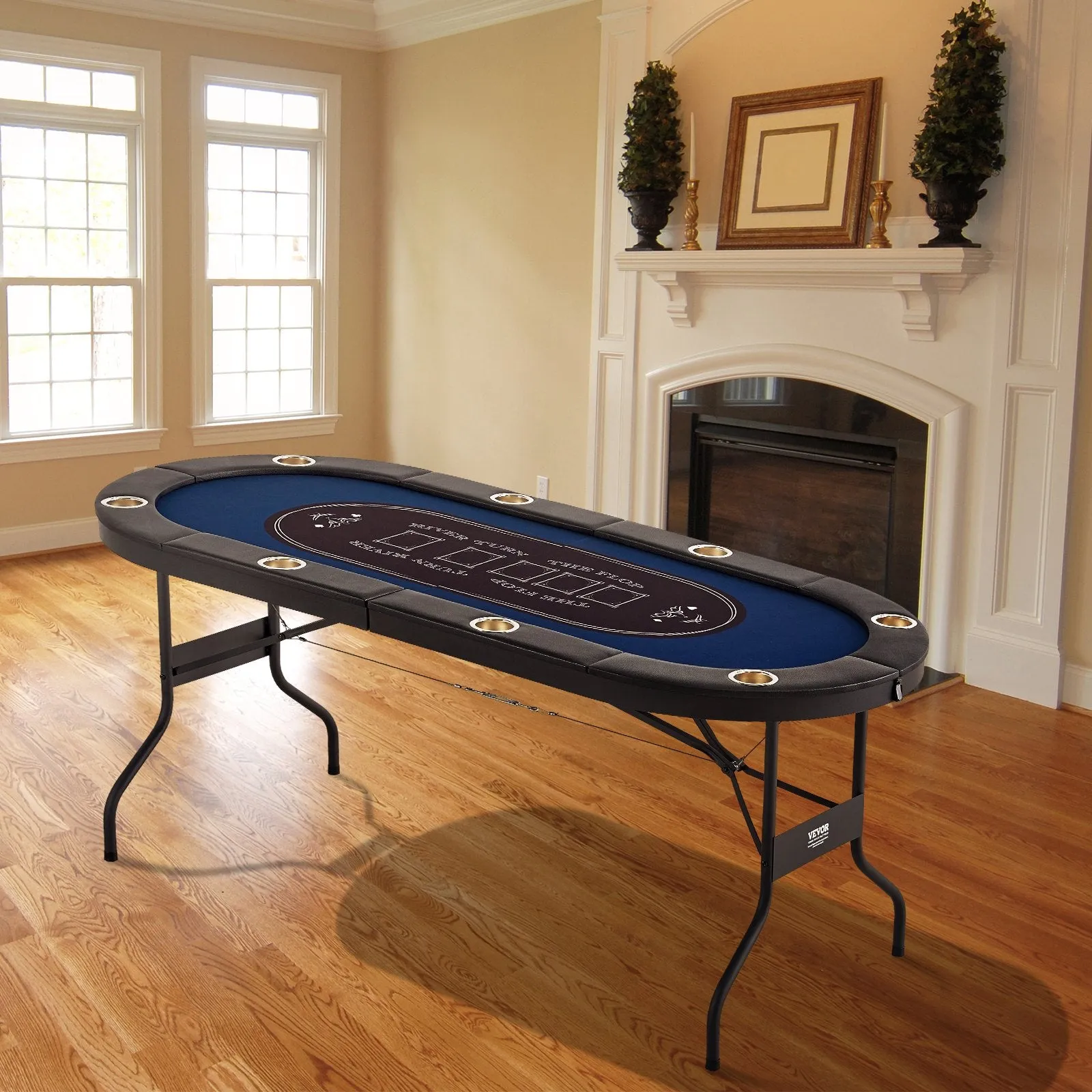 Vevor Poker Table 8-Player Foldable 72" Oval with Padded Rails and Cup Holders Blue New