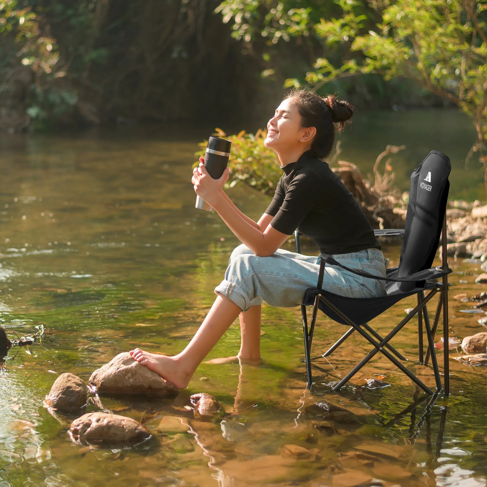 Voyager Folding Camping Chair 2-Pack, Lightweight with Pocket and Drinks Holder, Holds up to 120kg Each, Easy to Transport, Foldable Outdoor Chair Set