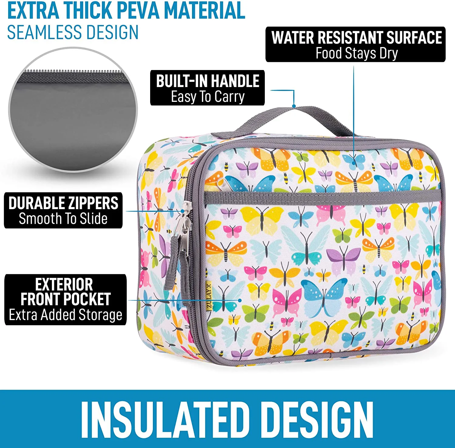 Zulay Insulated Lunch Bag - Thermal Kids Lunch Bag With Spacious Compartment & Built-In Handle - Portable Back To School Lunch Bag For Kids, Boys, & Girls To Keep Food Fresh (Ladybugs)