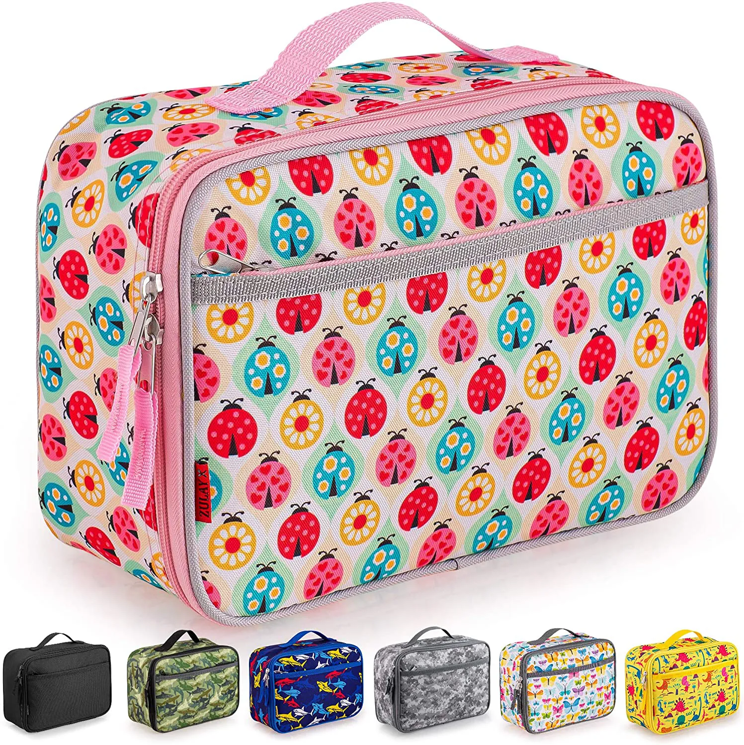 Zulay Insulated Lunch Bag - Thermal Kids Lunch Bag With Spacious Compartment & Built-In Handle - Portable Back To School Lunch Bag For Kids, Boys, & Girls To Keep Food Fresh (Ladybugs)